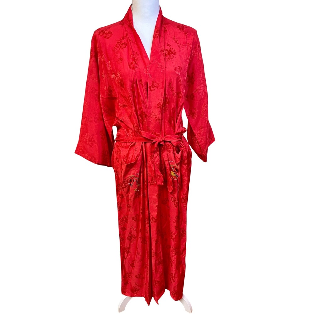 Vintage Golden Dragon Silk Robe L Red Asian Floral Embroidered Kimono
